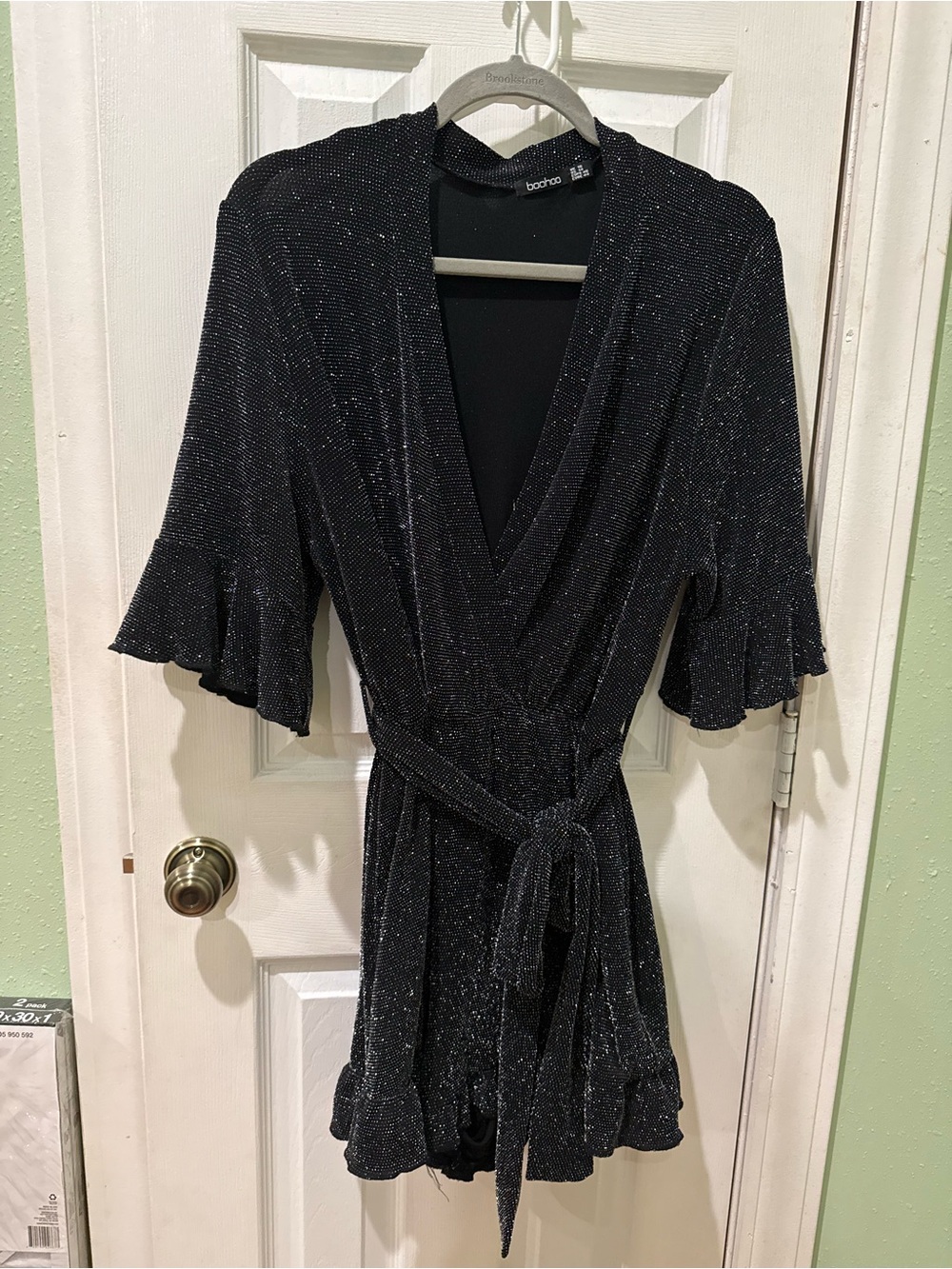 Boohoo Black Sparkle Wrap Romper with Ruffle Trim